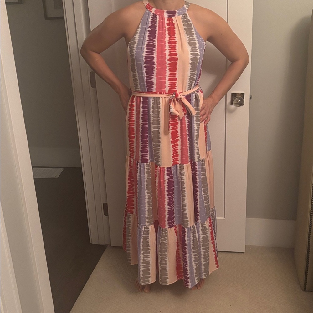 THML Pink, Red, Lavender & Gray Striped Halter Maxi Dress